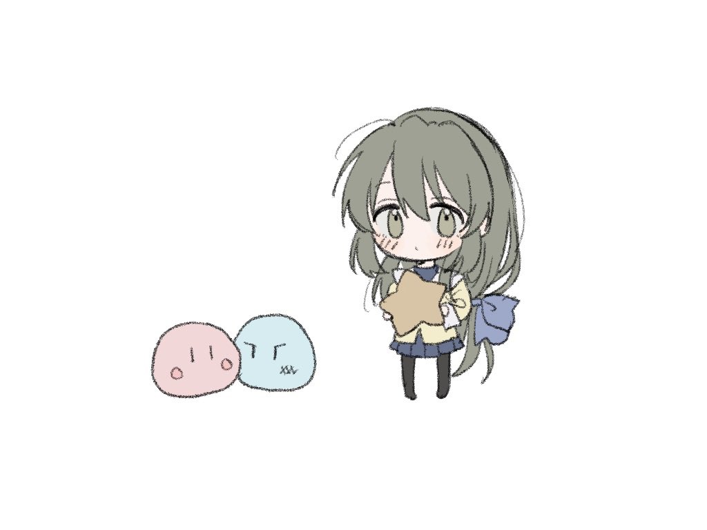 1girl blue_bow blue_skirt blush blush_stickers bow chibi clannad commentary dango_daikazoku green_eyes green_hair hair_bow hashtag-only_commentary hikarizaka_private_high_school_uniform holding holding_star ibuki_fuuko jacket long_hair long_sleeves looking_at_viewer low-tied_long_hair miniskirt nyan_o2 pleated_skirt school_uniform skirt solo standing star_(symbol) very_long_hair yellow_jacket |_|