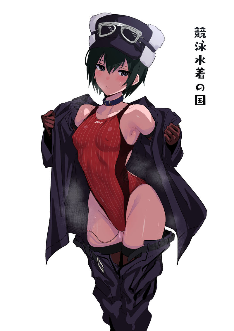 1girl armpits bare_shoulders black_coat black_eyes black_hair black_hat black_shorts blush choker closed_mouth coat competition_swimsuit covered_erect_nipples cowboy_shot gloves groin hat highleg kino_(kino_no_tabi) kino_no_tabi looking_at_viewer navel one-piece_swimsuit red_one-piece_swimsuit shorts simple_background solo standing steaming_body swimsuit tomboy two-tone_swimsuit ulrich_(tagaragakuin) undressing white_background