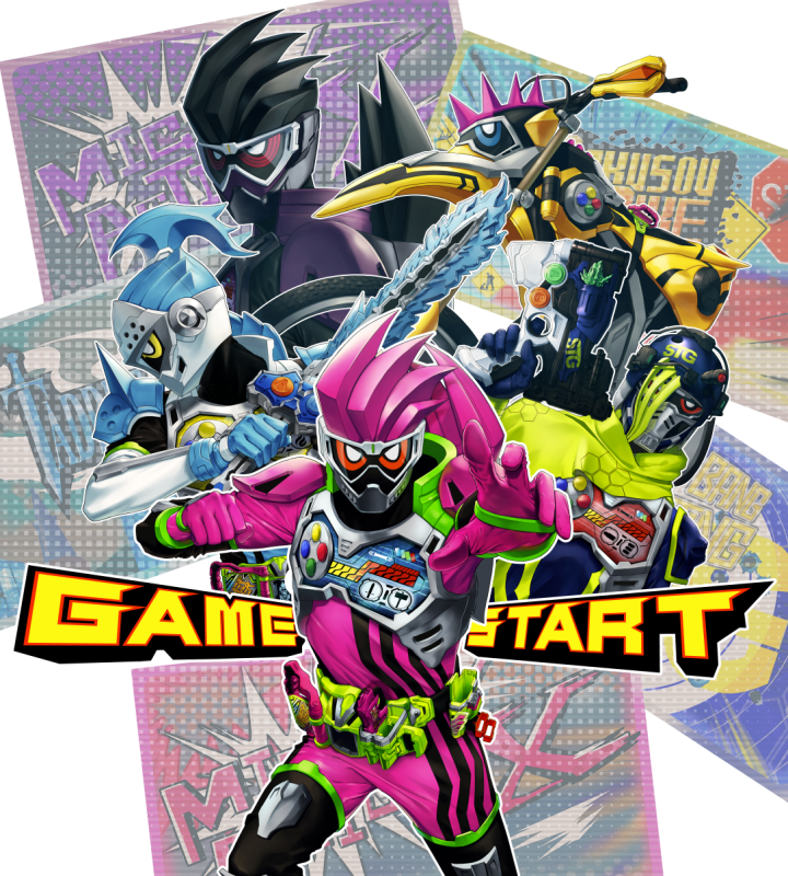 4boys action_gamer_level_2 bang_bang_shooting_level_2 everyone gamer_driver gashacon_magnum gashacon_sword kamen_rider kamen_rider_brave kamen_rider_ex-aid kamen_rider_ex-aid_(series) kamen_rider_genm kamen_rider_lazer kamen_rider_snipe mighty_action_x_level_2 motor_vehicle motorcycle multiple_boys quest_gamer_level_2 rauyu_kaku rider_gashat shooter_gamer_level_2 sword taddle_quest_level_2 tokusatsu video_game weapon