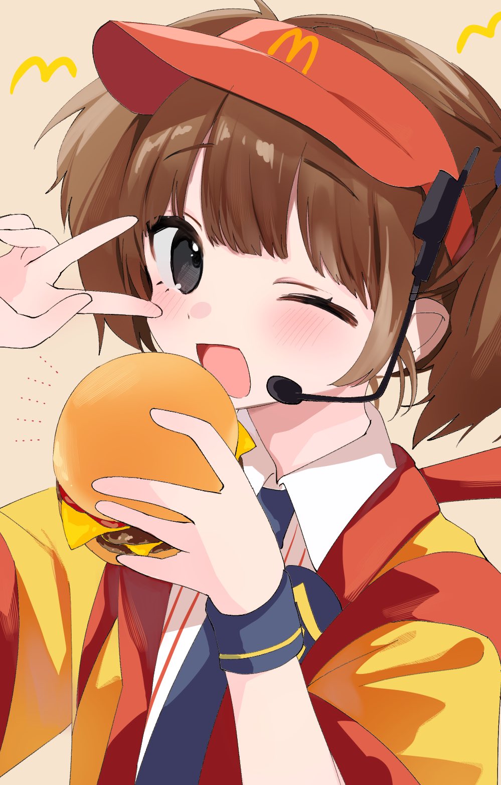 1girl ;d black_eyes blue_necktie blunt_bangs blush brown_background brown_hair burger collared_shirt commentary_request food hands_up happi headset highres holding holding_food imadake_dabuchi_tabemi japanese_clothes looking_at_viewer mcdonald&#039;s moni_monico necktie one_eye_closed open_clothes open_happi open_mouth shirt short_hair simple_background smile solo striped_clothes striped_shirt twintails upper_body v vertical-striped_clothes vertical-striped_shirt visor_cap white_shirt yellow_happi