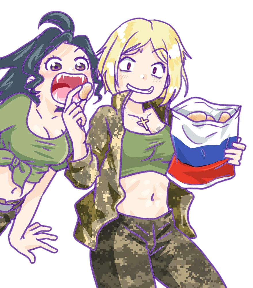 1girl abs ahoge belt blonde_hair blush breasts brown_eyes camouflage camouflage_jacket camouflage_pants collarbone constricted_pupils crop_top cross cross_necklace digital_camouflage fangs feeding furrowed_brow green_hair green_shirt grey_belt grin jacket japanon jewelry jumping kraken_(japanon) long_hair looking_at_viewer marichka medium_breasts medium_hair military navel necklace original pants russia russian_flag russo-ukrainian_war sharp_teeth shirt sidelocks sleeves_rolled_up smile soldier swastika swastika_tattoo teeth topknot ukraine