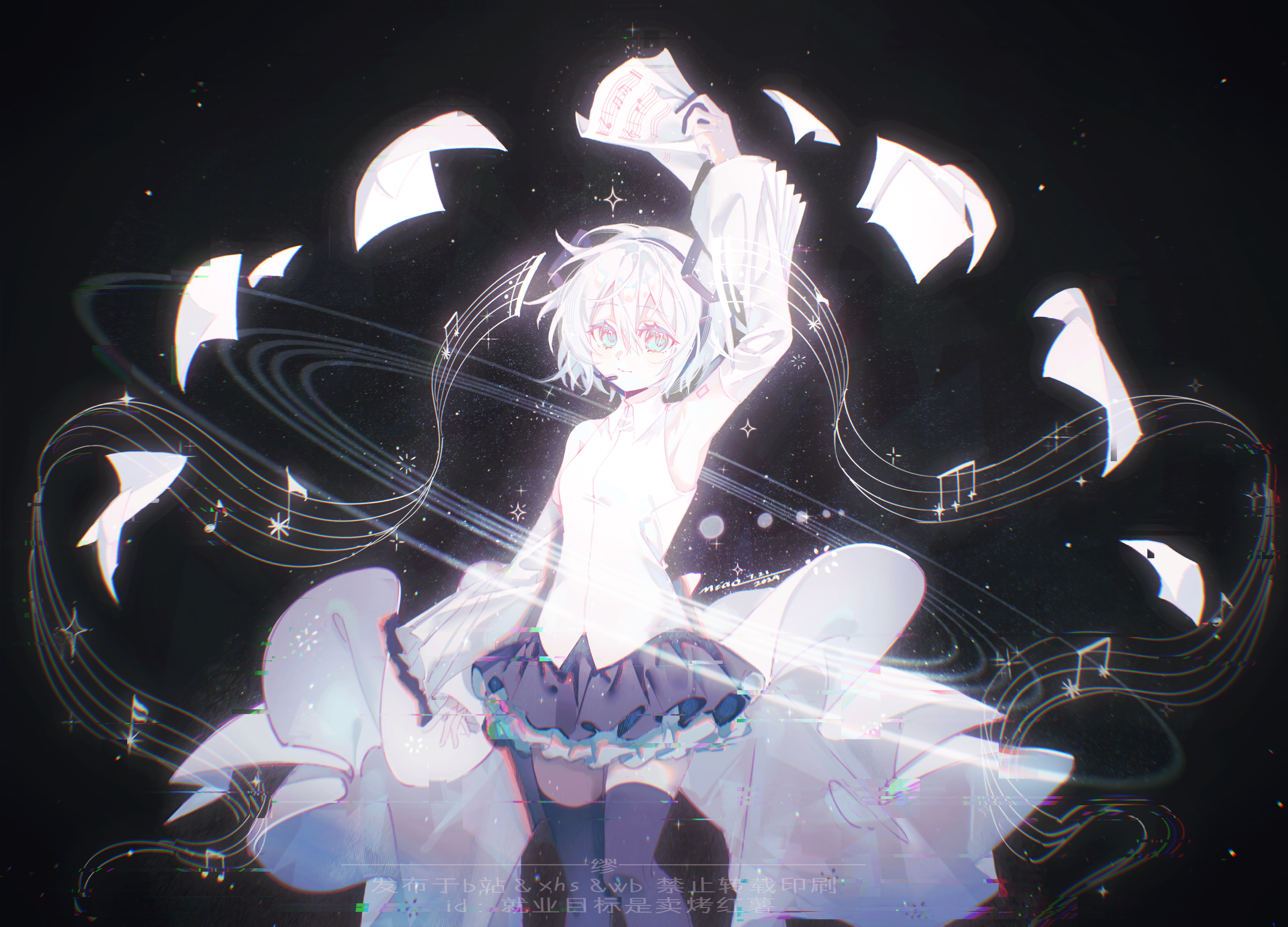 1girl absurdres adapted_costume aqua_eyes beamed_eighth_notes black_background black_skirt black_thighhighs chinese_text commentary_request detached_sleeves eighth_note feet_out_of_frame flying_paper hatsune_miku highres jiuye_mubiao_shi_mai_kao_hongshu medium_hair musical_note paper sheet_music shirt signature skirt sleeveless sleeveless_shirt solar_system solo musical_staff thighhighs triplets vocaloid white_shirt white_sleeves
