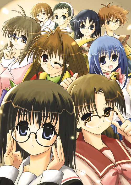 00s 6+girls adjusting_eyewear aihara_mizuho animal_ears antenna_hair bell bespectacled black_hair blue_eyes blue_hair braid brown_eyes brown_hair comic_party company_connection crossover glasses hairband hoshina_tomoko inagawa_yuu ishihara_reiko kinuta_yuuki kurihara_touko leaf_(studio) long_hair magical_antique makimura_minami multiple_crossover multiple_girls one_eye_closed purple_eyes rian_(magical_antique) school_uniform serafuku shizuku_(game) short_hair smile tasogare tenshi_no_inai_12-gatsu to_heart to_heart_(series) trait_connection wink