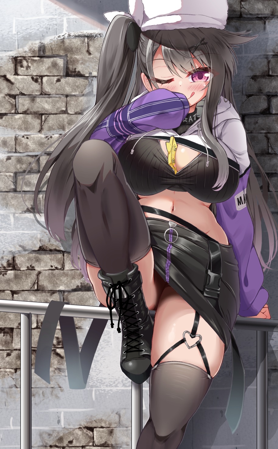 1girl ;q azur_lane between_breasts black_boots black_skirt black_thighhighs blonde_hair boots breasts cleavage garter_straps hat highres lace-up_boots large_breasts leg_up licking_lips long_hair long_sleeves looking_at_viewer midriff mikage_(shibi) miniskirt navel one_eye_closed one_side_up pamiat_merkuria_(azur_lane) pamiat_merkuria_(chic_and_cheeky)_(azur_lane) purple_eyes shrug_(clothing) skirt sleeves_past_fingers sleeves_past_wrists smile solo thighhighs tongue tongue_out white_hat