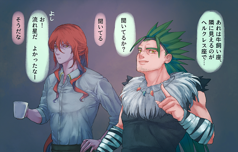 2boys bandages bandaged_arm bandages brothers colored_skin cup fur_trim gannen_harst green_hair long_hair multiple_boys ponytail purple_skin red_hair siblings spiked_hair the_saga_of_darren_shan translation_request vancha_march yellow_eyes