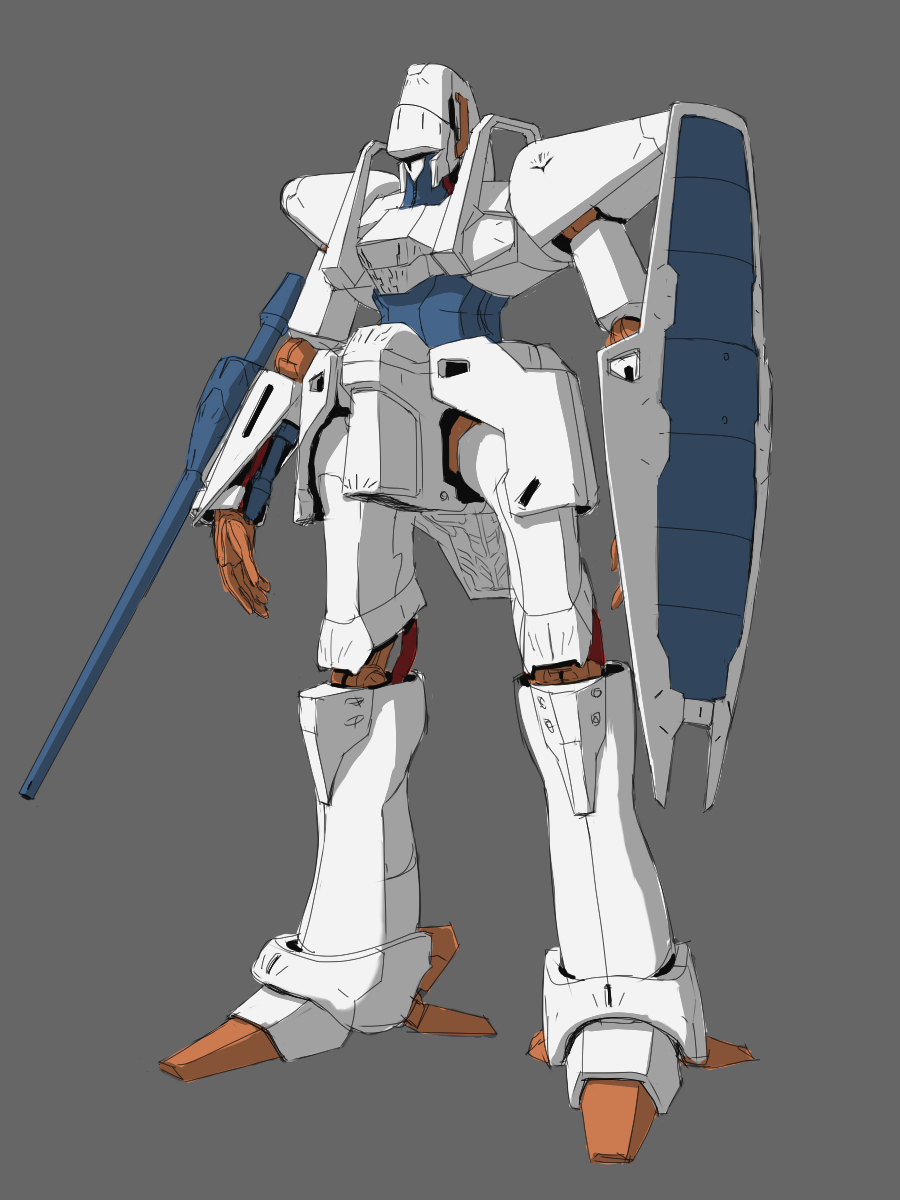 arm_cannon beam_cannon cable commentary_request grey_background highres juusenki_l-gaim l-gaim machinery mecha mecha_focus no_humans robot science_fiction shield sketch teikoku_jokyoku weapon