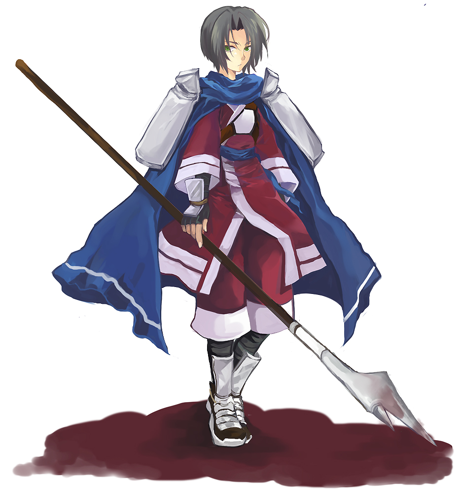 1boy armor bad_id bad_pixiv_id benawi black_hair green_eyes japanese_clothes male_focus polearm short_hair shuu_(shu-nm) simple_background solo spear utawarerumono weapon