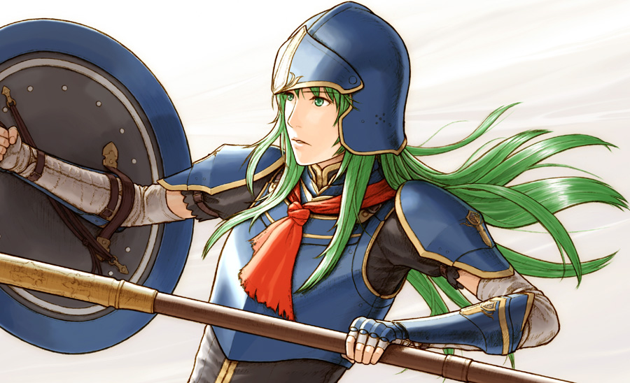 1girl armor blue_armor breastplate female_focus fire_emblem fire_emblem:_path_of_radiance fuji_(d38635s10) green_eyes green_hair helmet long_hair nephenee_(fire_emblem) nintendo polearm shield short_sleeves shoulder_armor solo spear upper_body vambraces weapon