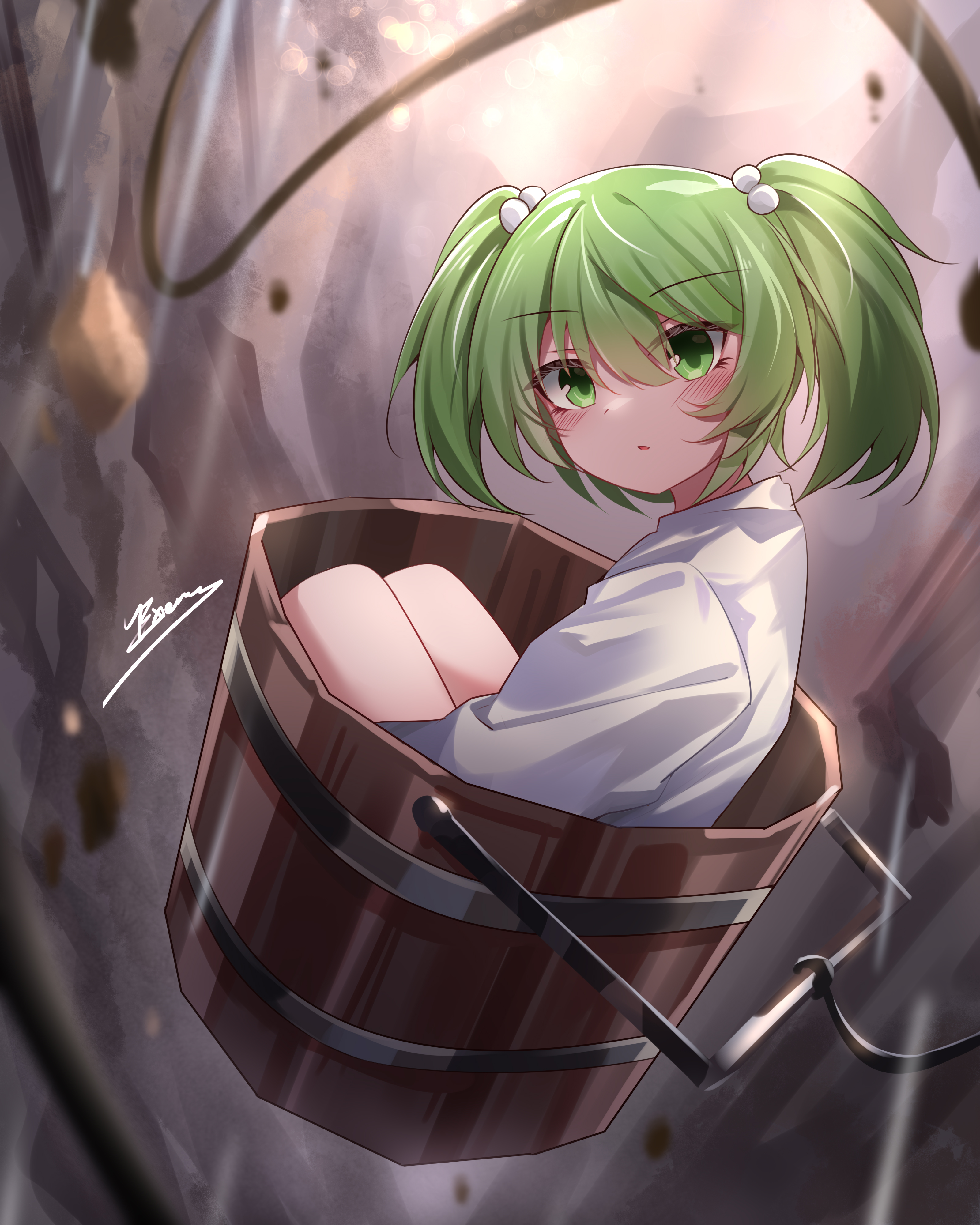 1girl absurdres bucket green_eyes green_hair hair_bobbles hair_ornament highres in_bucket in_container japanese_clothes kimono kisume light_blush looking_at_viewer medium_hair parted_lips signature sitting solo top-exerou touhou twintails white_kimono wide_sleeves