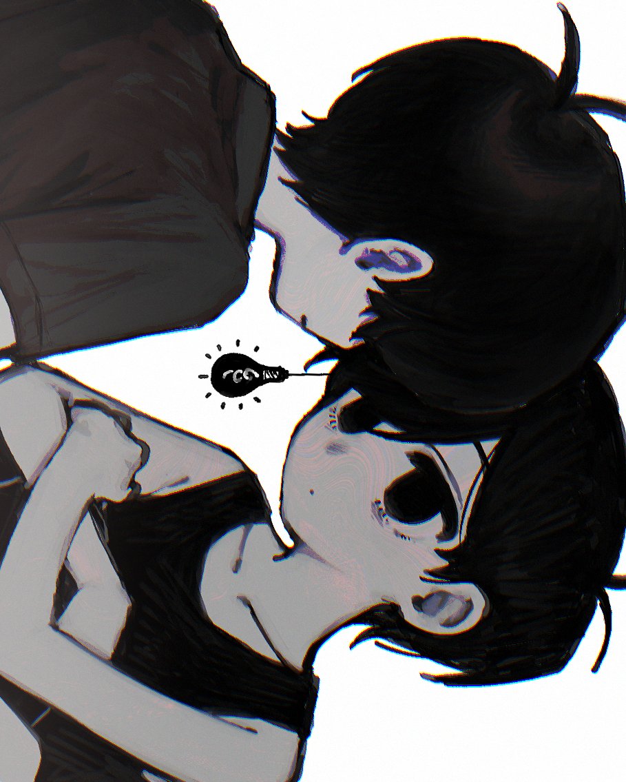 2boys aged_down antenna_hair bare_arms bare_shoulders child chromatic_aberration closed_mouth collarbone dot_mouth dual_persona empty_eyes face-to-face from_behind greyscale hair_behind_ear hugging_own_legs knees_up light_bulb looking_at_another monochrome multiple_boys no_pupils omori omori_(omori) rou_(h_s_sinrin) shirt short_hair short_sleeves sideways simple_background sitting sunny_(omori) t-shirt tank_top upper_body very_short_hair white_background