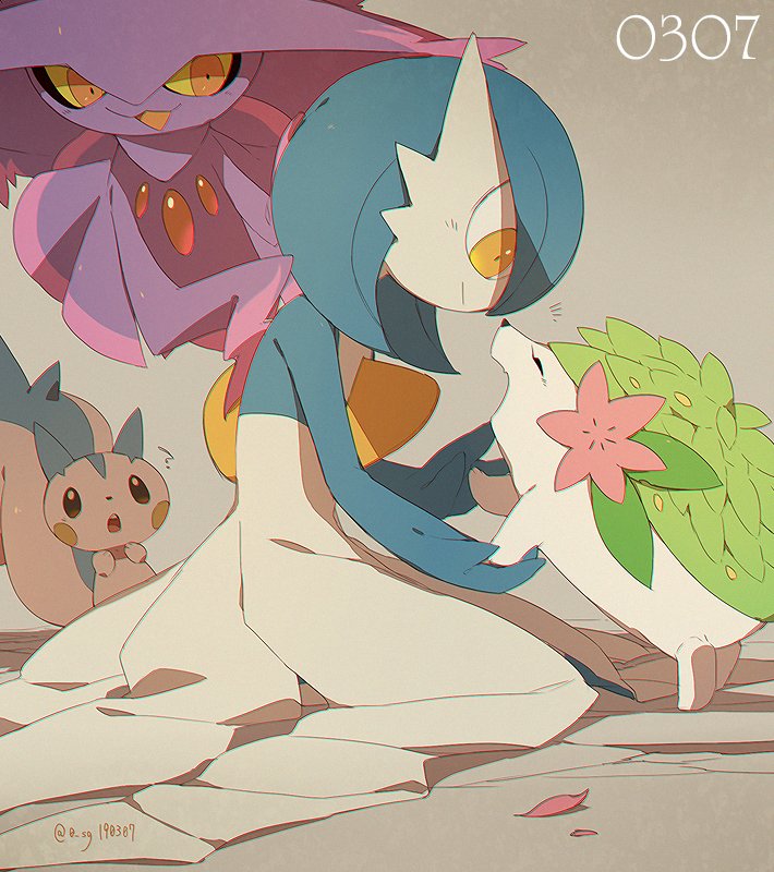 ? alternate_color artist_name blue_hair bob_cut closed_eyes colored_skin commentary dated floating flower from_side gardevoir gardevoir_day gen_3_pokemon gen_4_pokemon ghost kneeling legendary_pokemon mismagius multicolored_fur multicolored_skin mythical_pokemon nintendo open_mouth orange_eyes pachirisu pokemon pokemon_(creature) purple_skin sg_(suuchan) shaymin shaymin_(land) shiny_pokemon simple_background smile two-tone_skin white_skin