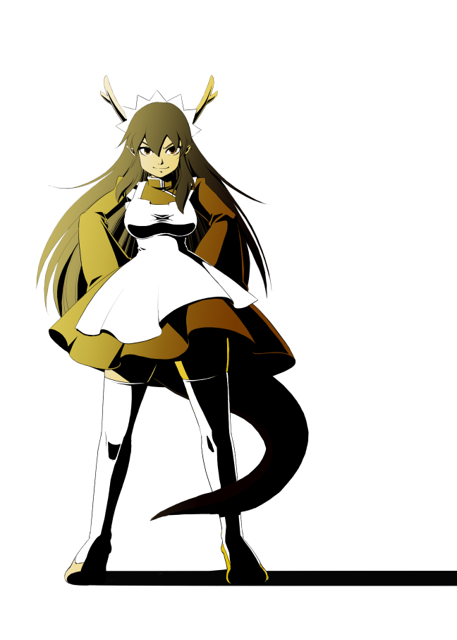 &gt;:) 1girl antlers apron breasts brown_hair closed_mouth dragon_girl dragon_tail dress flats full_body futaba_channel hair_between_eyes high_contrast horns kouryuu_(nijiura_maids) large_breasts legs_apart long_hair long_sleeves maid maid_apron maid_headdress momoki nijiura_maids orange_eyes pointy_ears shadow shoes simple_background smile solo standing straight-on tail thighhighs tiptoes v-shaped_eyebrows white_apron white_background white_thighhighs yellow_dress yellow_horns yellow_shoes zettai_ryouiki