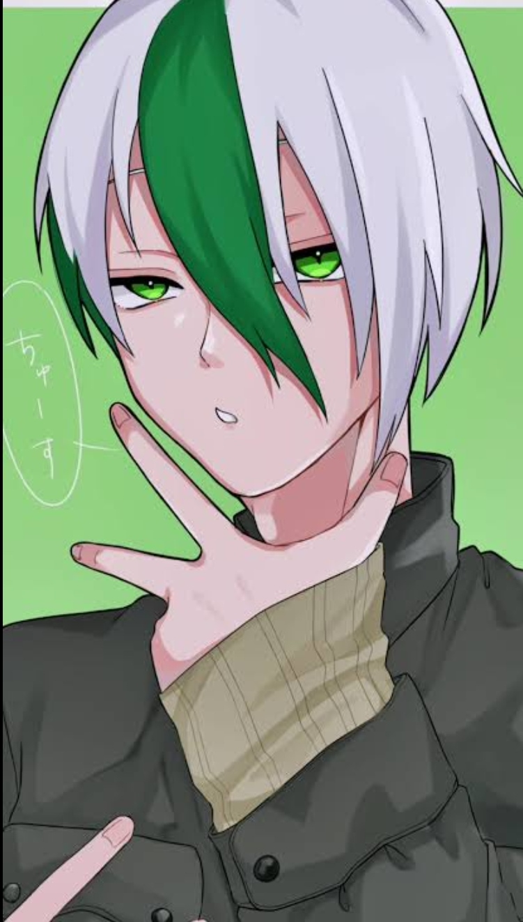 1boy arm_up black_sweater blue_lock green_background green_eyes green_hair highres long_hair long_hair male_focus multicolored_hair open_mouth otoya_eita simple_background sweater two-tone_hair white_hair