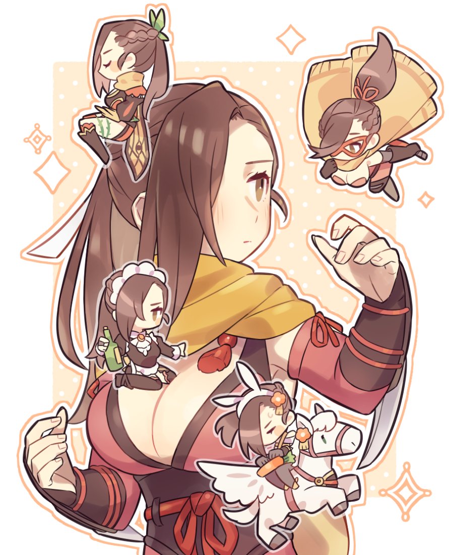 1girl alcohol animal_ears apron bottle braid breasts brown_background brown_cape brown_eyes brown_hair cape carrot chibi chibi_inset cleavage closed_eyes closed_mouth commentary_request crown_braid detached_sleeves fake_animal_ears fighting_stance fire_emblem fire_emblem_fates fire_emblem_heroes haconeri hair_over_one_eye invisible_chair kagero_(fire_emblem) kagero_(halloween)_(fire_emblem) kagero_(resplendent)_(fire_emblem) kagero_(spring_ninja)_(fire_emblem) kagero_(thief)_(fire_emblem) large_breasts leotard long_hair maid_apron maid_headdress multiple_views nintendo official_alternate_costume pegasus playboy_bunny ponytail rabbit_ears scarf sitting sparkle two-tone_background wariza white_background wine_bottle yellow_scarf