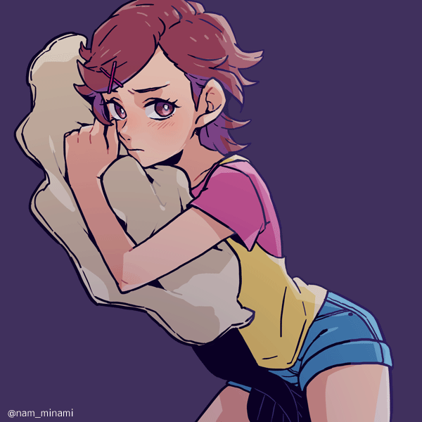 10s 1girl bright_pupils brown_hair classicaloid dramatica dutch_angle female_focus fish hair_ornament hairclip looking_at_viewer otowa_kanae pink_eyes purple_background shirt short_hair shorts simple_background solo t-shirt twitter_username x_hair_ornament