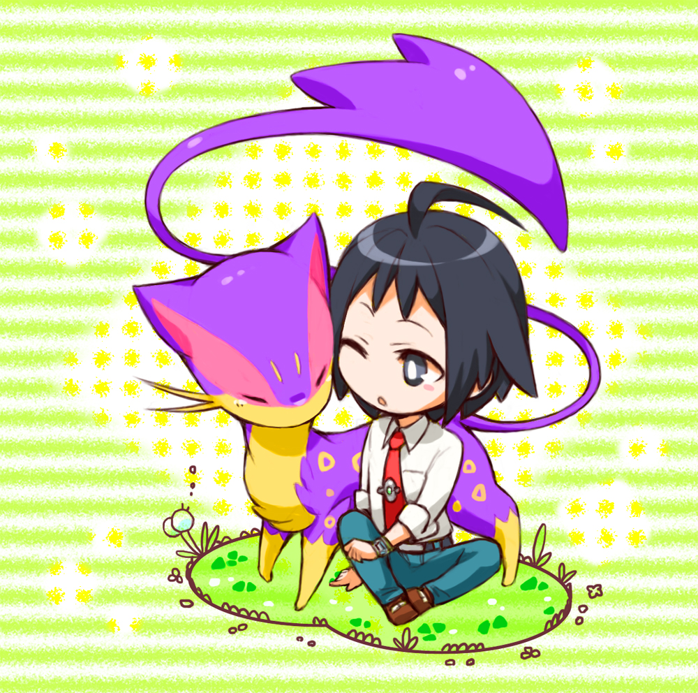 1boy belt betty0519 blue_eyes bright_pupils cheren_(pokemon) chibi closed_eyes commentary_request gen_5_pokemon liepard male_focus necktie nintendo open_mouth pants pokemon pokemon_(creature) pokemon_bw2 red_necktie sitting standing white_pupils