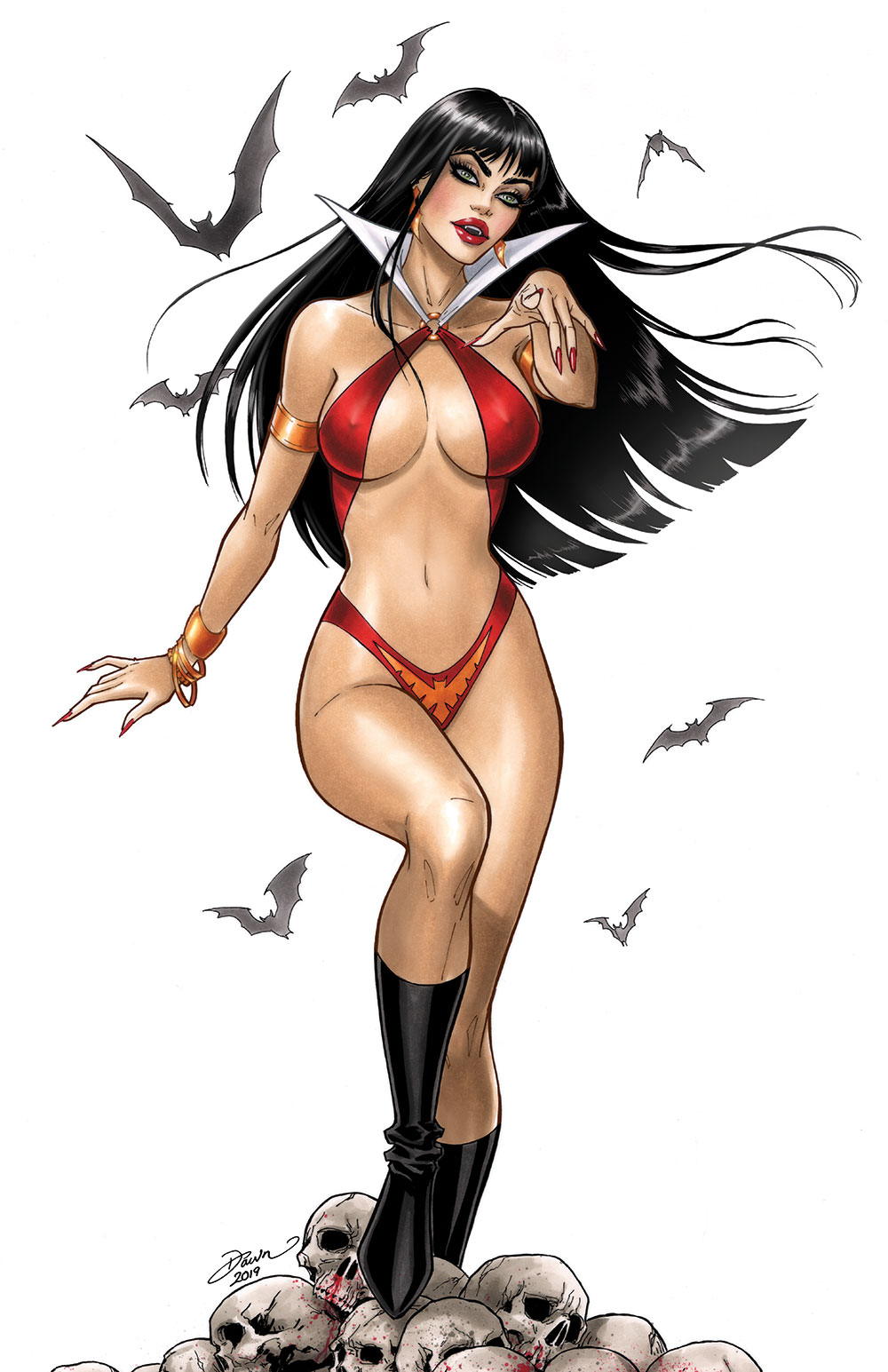 1girl armlet bat_(animal) black_footwear black_hair bra bracelet breasts collar covered_erect_nipples dawn_mcteigue earrings green_eyes highres jewelry large_breasts long_hair looking_at_viewer navel open_mouth panties red_bra red_lips red_nails red_panties signature simple_background skull solo standing teeth underwear upper_teeth_only vampirella vampirella_(character) white_background white_collar