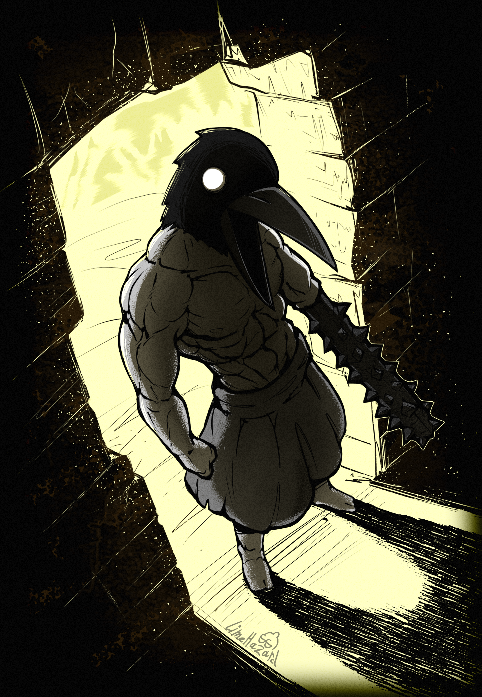 1boy absurdres arm_at_side artist_name bird_boy commentary crow_mauler doorway fear_&amp;_hunger_(series) fear_&amp;_hunger_1 highres limehazard muscular muscular_male open_mouth prosthetic_weapon shadow skirt solo standing topless_male yellow_theme