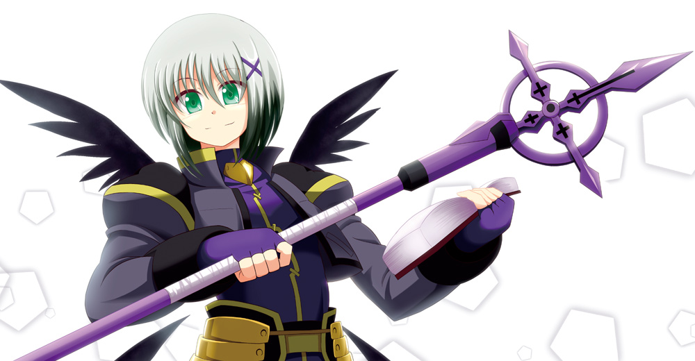 1girl armor azumaya_hironaru female_focus fingerless_gloves gloves gradient_hair green_eyes hair_ribbon long_sleeves lord_dearche lyrical_nanoha mahou_shoujo_lyrical_nanoha mahou_shoujo_lyrical_nanoha_a&#039;s mahou_shoujo_lyrical_nanoha_a&#039;s_portable:_the_battle_of_aces multicolored_hair puffy_sleeves ribbon short_hair silver_hair solo staff tome_of_the_purple_sky two-tone_hair wings yersiniakreuz