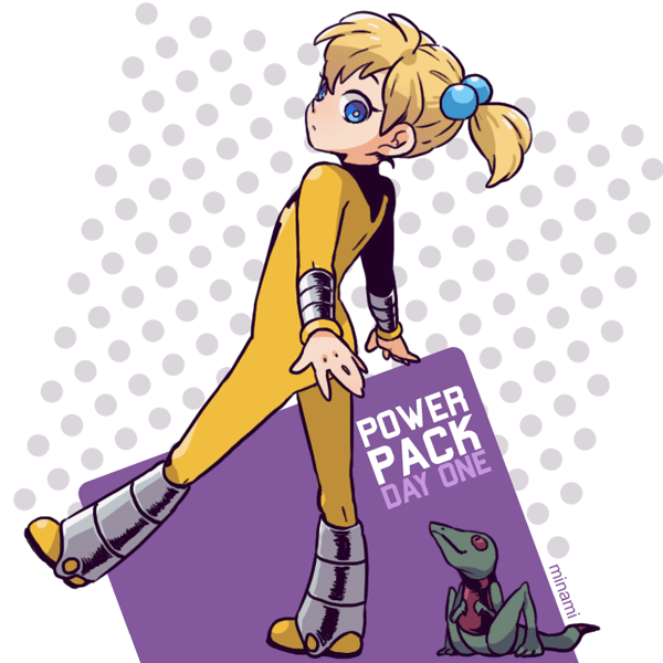 1girl blonde_hair blue_eyes bodysuit bright_pupils closed_mouth copyright_name dramatica eyelashes full_body hair_bobbles hair_ornament katie_power lizard looking_back marvel ponytail power_pack short_hair solo white_pupils yellow_bodysuit