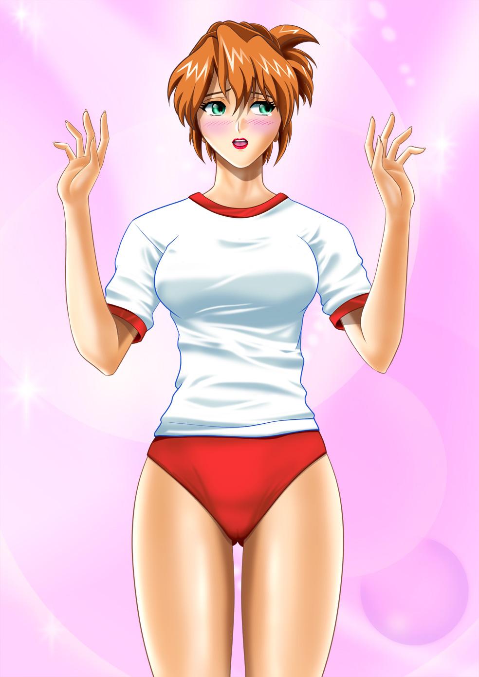 agent_aika aika_(series) blush buruma green_eyes gym_shirt gym_uniform hands_up highres legs looking_to_the_side mature_female open_mouth parted_lips pink_background shirt sumeragi_aika thighs yuusuke_(ziyasu)