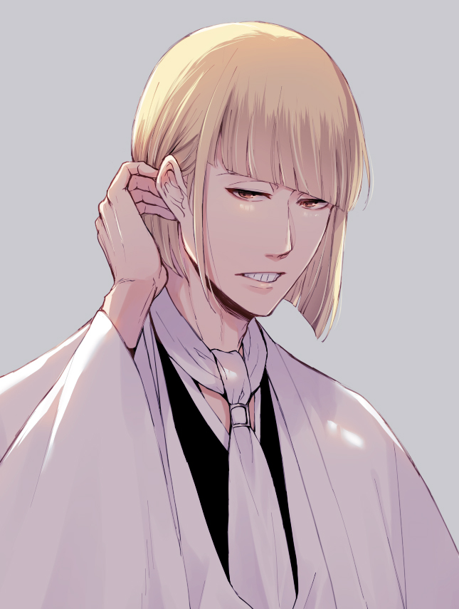 1boy bleach blonde_hair blunt_bangs blunt_ends bob_cut brown_eyes hair_behind_ear haori hirako_shinji japanese_clothes long_sleeves looking_at_viewer male_focus short_hair simple_background solo teeth white_haori yuzuriha_(no_yzrh)
