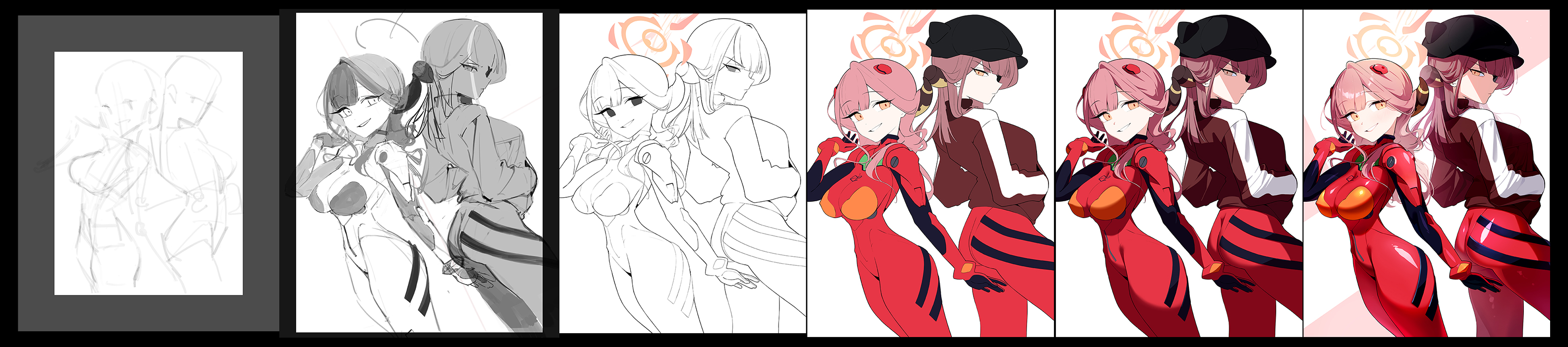 2girls alternate_costume animal_ear_headwear aru_(blue_archive) ass black_hat black_jacket blue_archive blunt_bangs bodysuit breasts broken_horns cleavage cosplay covered_erect_nipples demon_girl demon_horns dual_persona evangelion:_3.0_you_can_(not)_redo eyepatch fake_animal_ears grin hair_ornament hands_in_pockets hat highres horns jacket large_breasts long_hair long_image mecha_pilot_suit multiple_girls nasan_(coldtime) neon_genesis_evangelion plugsuit_(evangelion) rebuild_of_evangelion red_bodysuit red_hair smile souryuu_asuka_langley souryuu_asuka_langley_(cosplay) wide_image yellow_eyes