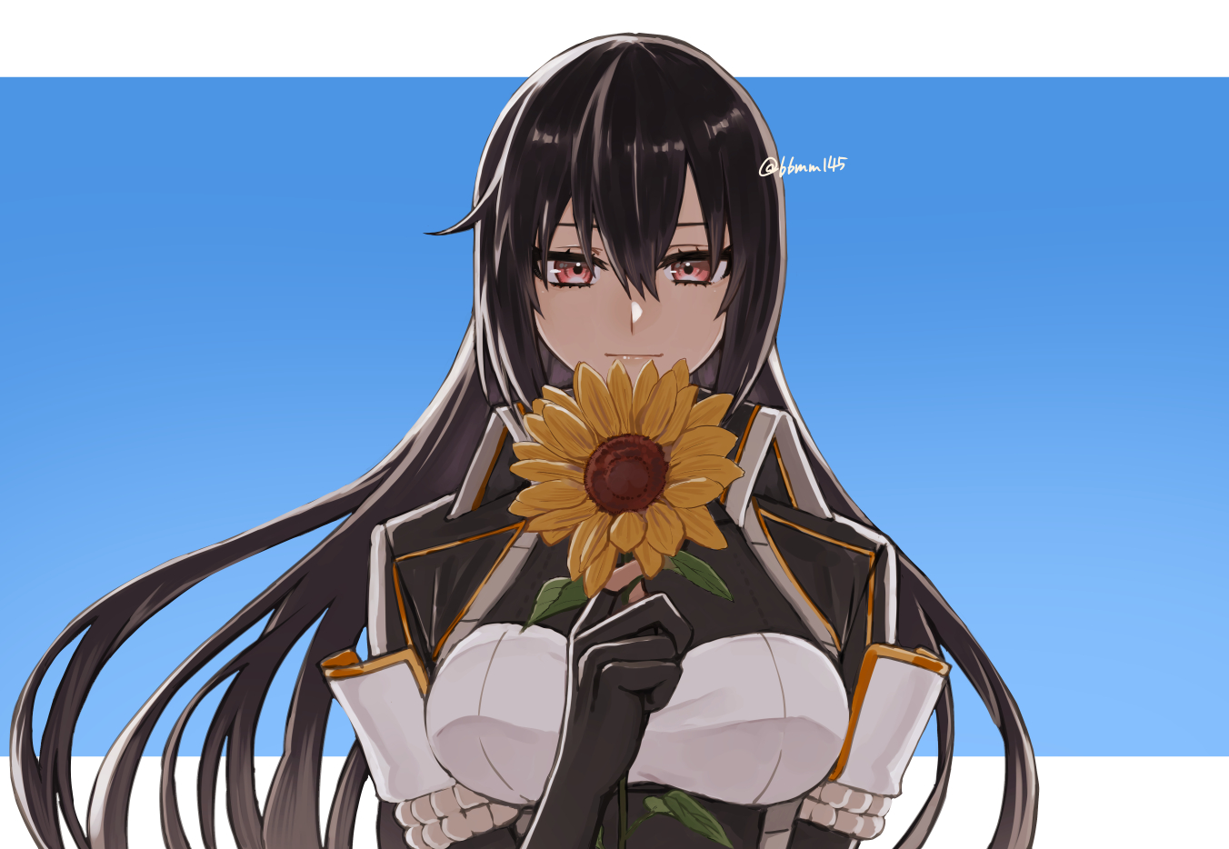 1girl black_coat black_gloves black_hair blue_background breasts brown_eyes coat flower gloves gradient_background holding holding_flower kantai_collection large_breasts long_hair machi_(ritovoyage) nagato_(kancolle) nagato_kai_ni_(kancolle) solo sunflower twitter_username two-tone_background upper_body