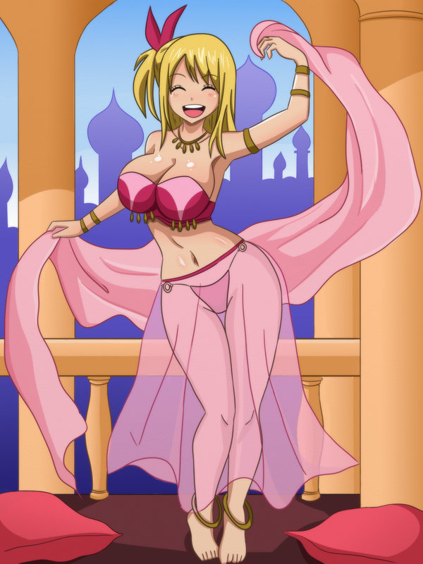 1girl anklet armlet barefoot bikini blonde_hair blush bra bracelet breasts castle chain cleavage dancer dancing dress closed_eyes fairy_tail feet floor hair_ornament happy harem_outfit jewelry large_breasts legs long_hair lucy_heartfilia navel necklace open_mouth palace panties pillow ponytail ribbon see-through_clothes shablagoo side_ponytail slave smile swimsuit thigh_gap underwear