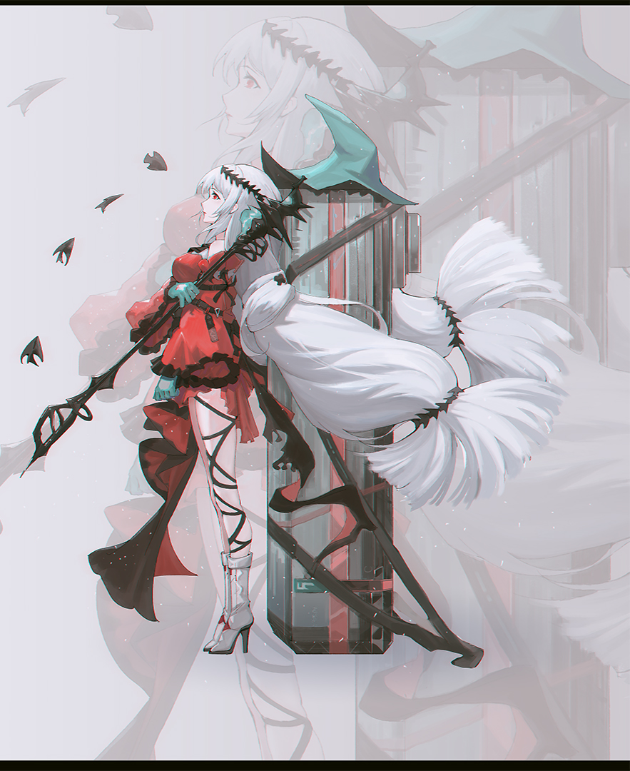 1girl angelfish aqua_gloves aqua_hat arknights ascot bare_shoulders black_ascot boots breasts cropped detached_sleeves dress english_text fish from_side full_body gloves hair_ornament hat high_heel_boots high_heels holding holding_staff leg_ribbon lis_zhu_long long_hair long_sleeves low-tied_long_hair medium_breasts off-shoulder_dress off_shoulder official_alternate_costume pointy_hat profile red_dress red_eyes red_sleeves ribbon simple_background skadi_(arknights) skadi_the_corrupting_heart_(arknights) solo staff standing tropical_fish very_long_hair white_background white_hair