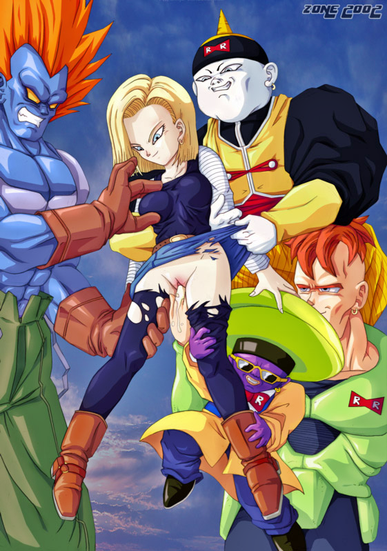 1girl 4boys android_13 android_15 android_16 android_18 android_19 blonde_hair blue_eyes blue_skin breasts clothes_lift colored_skin dragon_ball dragonball_z fingering medium_breasts multiple_boys orange_hair pantyhose purple_skin size_difference skirt skirt_lift smile torn_clothes torn_pantyhose uncensored white_skin zone_(artist)