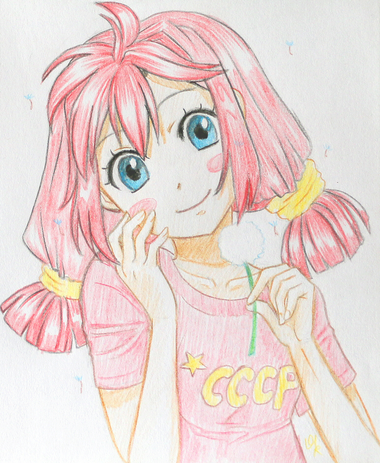1girl blue_eyes blush clothes female_focus orika_nekoi pink_shirt pink_t-shirt red_hair shirt solo star_(symbol) t-shirt text_focus ussr ussr-tan