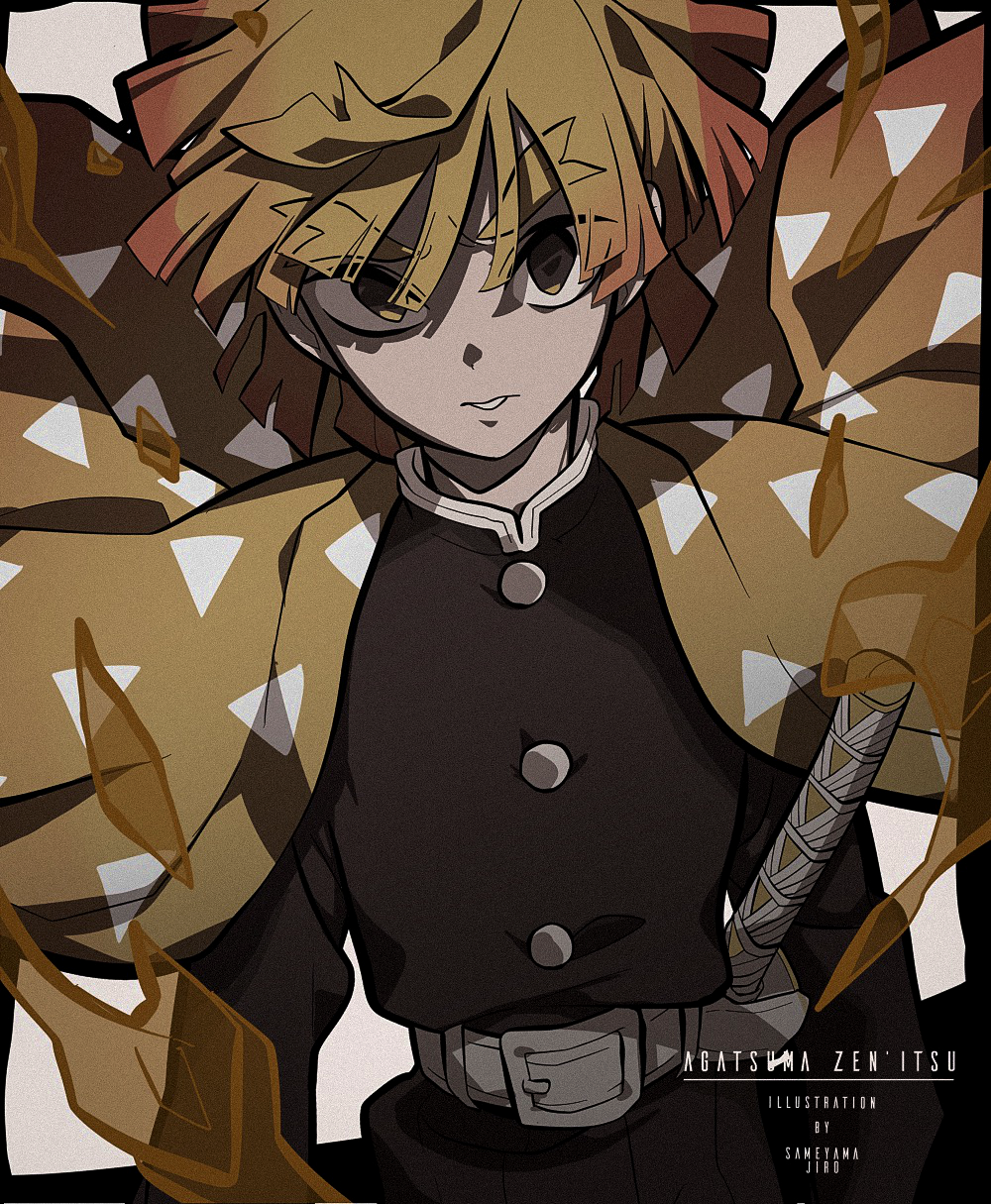 1boy agatsuma_zenitsu artist_name belt black_jacket black_pants blonde_hair brown_eyes character_name commentary_request grey_belt haori highres jacket japanese_clothes kimetsu_no_yaiba long_sleeves looking_at_viewer male_focus pants parted_lips sameyama_jiro short_hair solo sword weapon
