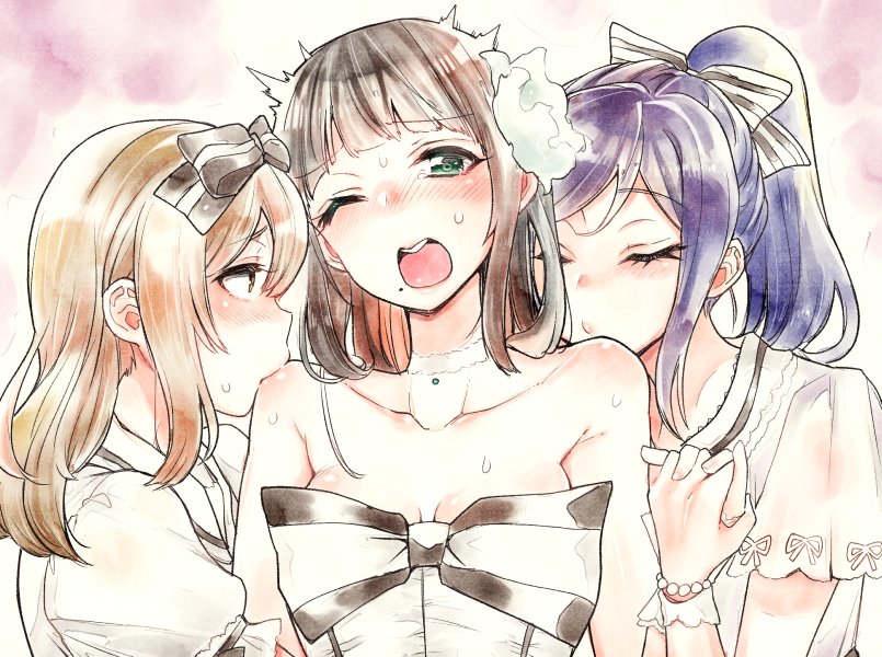 10s 3girls azalea azalea_(love_live!) bare_shoulders black_hair bow breasts brown_eyes cleavage closed_eyes green_eyes hair_bow indo_curry kunikida_hanamaru kurosawa_dia long_hair looking_at_viewer love_live! love_live!_school_idol_festival love_live!_sunshine!! matsuura_kanan mole mole_under_mouth multiple_girls one_eye_closed ponytail upper_body yuri