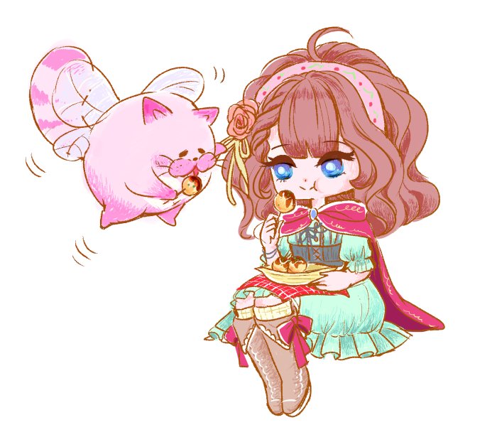 1girl ai1017 ani_inako blue_dress blue_eyes boots brown_boots brown_hair cape chibi chibi_only closed_mouth dame_x_prince dress eyelashes food footwear_ribbon gurimaru invisible_chair pink_cape pink_ribbon ribbon simple_background sitting takoyaki white_background