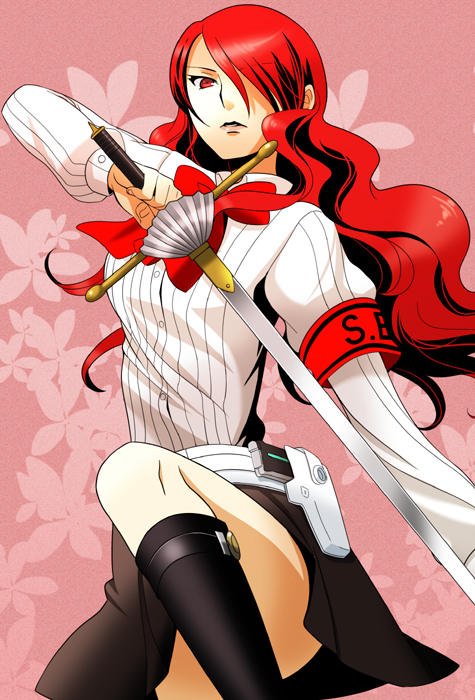 1girl armband atlus boots bow crossdraw_holster female_focus gun gun_holster holster kirijou_mitsuru long_hair persona persona_3 pleated_skirt rapier red_eyes red_hair school_uniform skirt solo sumii_(fumiki7) sword thighs weapon