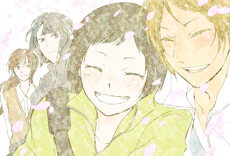 4girls amishima_matsuri black_hair blonde_hair blush brown_hair cherry_blossoms closed_eyes grin inamoto_miyu jacket komano_hina multiple_girls okujou_no_yurirei-san open_clothes open_shirt shirt short_hair smile strap sweater_vest toomi_yuna track_jacket ukoz unbuttoned
