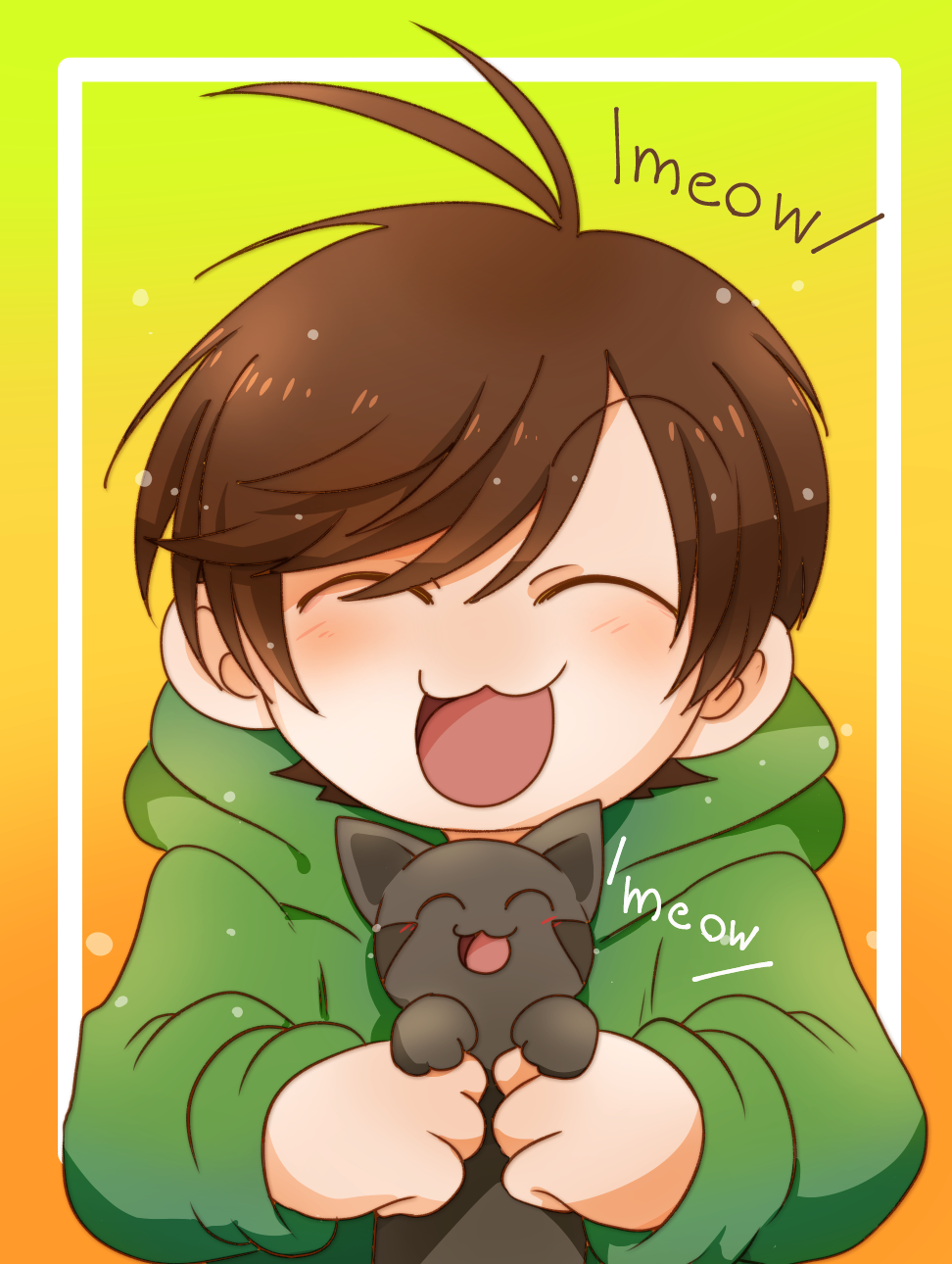 1boy :3 animal animification antenna_hair brown_hair cat closed_eyes commentary_request edd_(eddsworld) eddsworld gradient_background highres holding holding_animal hood hood_down hoodie long_sleeves male_focus open_mouth reon_(02779) short_hair smile solo yellow_background