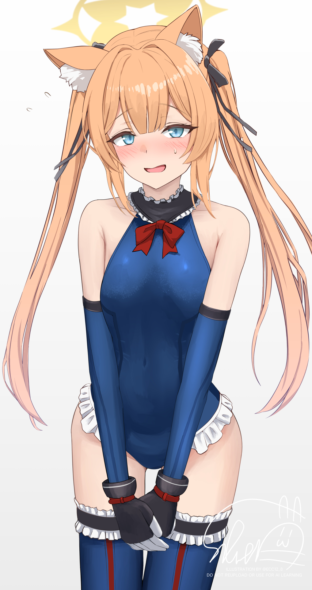 1girl animal_ear_fluff animal_ears blue_archive blue_eyes blue_one-piece_swimsuit blue_sleeves blue_thighhighs breasts commentary cosplay cowboy_shot dead_or_alive dead_or_alive_5 elbow_gloves embarrassed frilled_one-piece_swimsuit frilled_thighhighs frills gloves gluteal_fold grey_background halo highres long_hair looking_at_viewer mari_(blue_archive) marie_rose marie_rose_(cosplay) marie_rose_(devilish_servant_against_the_splashing_waves) name_connection one-piece_swimsuit orange_hair ribbon silver_bullet_(ecc12_8) simple_background solo swimsuit thighhighs twintails white_background yellow_halo