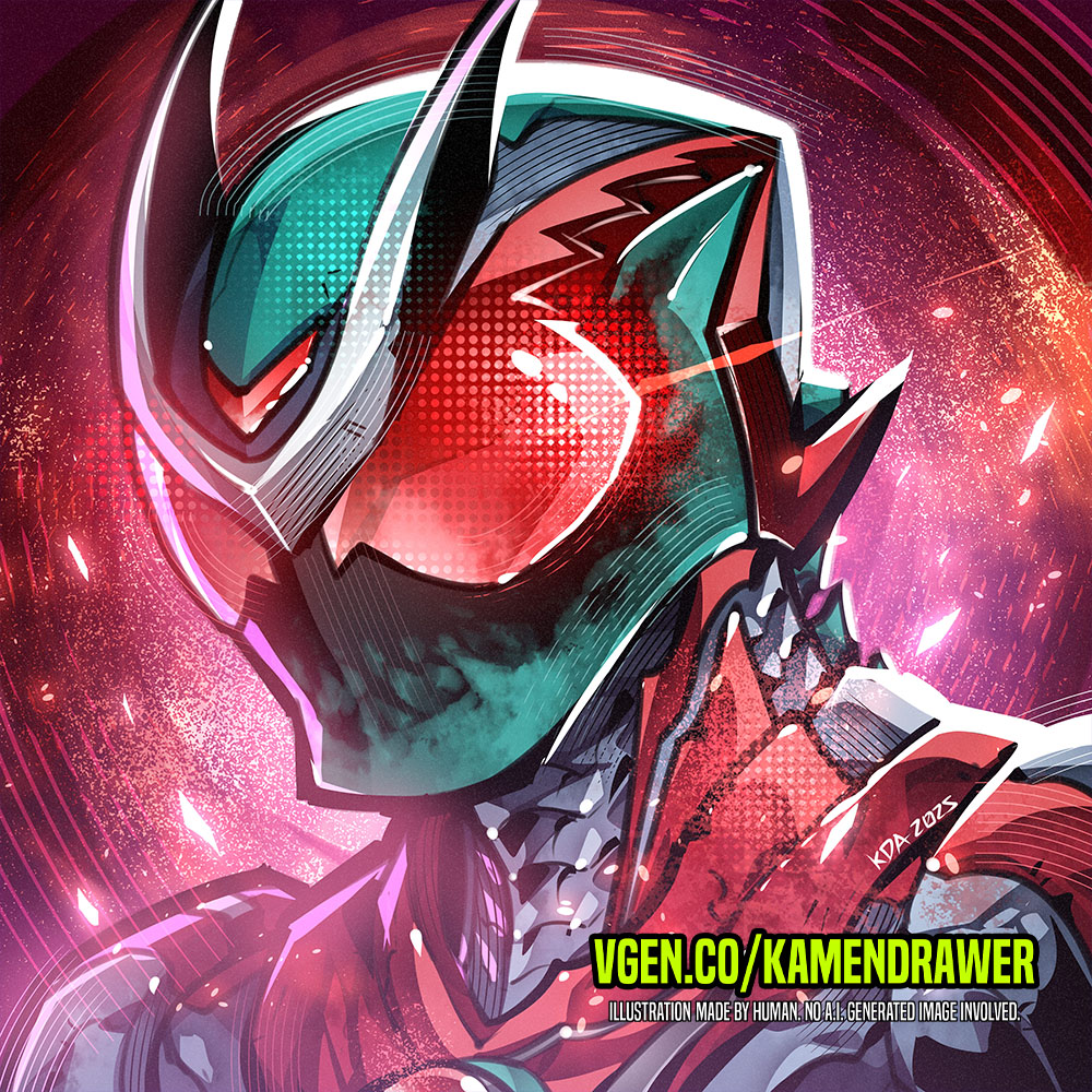 1boy antennae armor ashmish belt bodysuit bug compound_eyes glowing glowing_eyes helmet horns kamen_rider kamen_rider_zeztz kamen_rider_zeztz_(series) looking_at_viewer male_focus red_eyes rider_belt solo standing tokusatsu upper_body