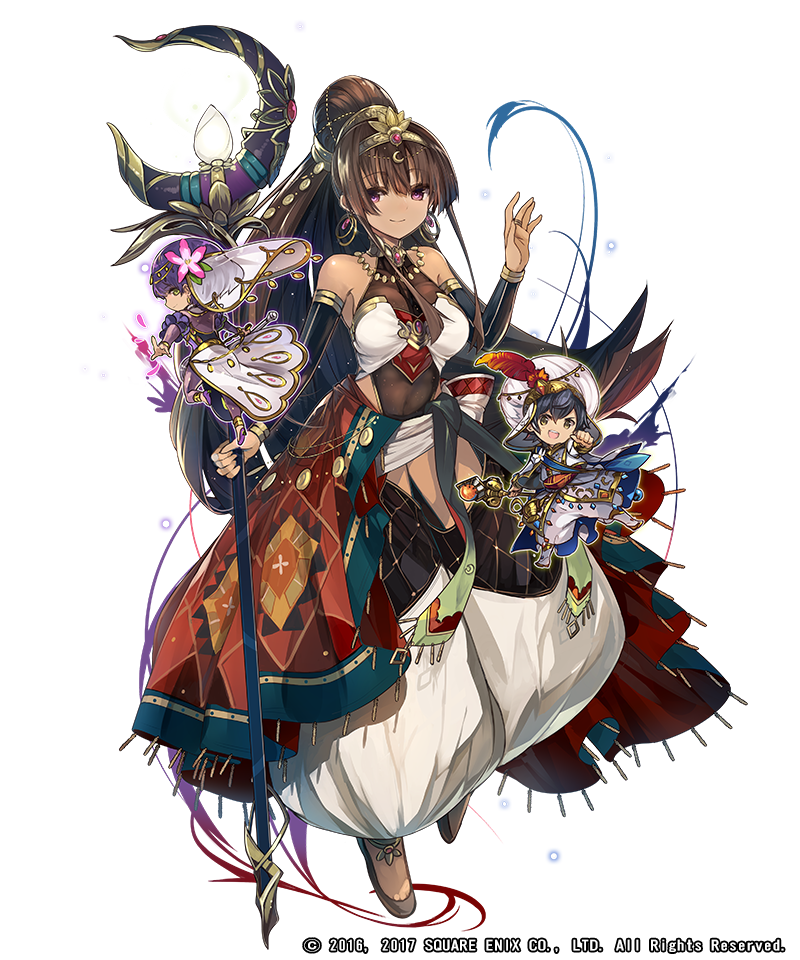 1girl aladdin_(koutei)_(grimms_notes) breasts brown_shoes check_copyright chibi copyright_request covered_navel dark-skinned_female dark_skin earrings familiar floating full_body grimms_notes hair_bun harem_outfit harem_pants holding holding_staff hosato_mikine jewelry large_breasts long_hair official_art oil_lamp pants ponytail princess_badour_(grimms_notes) purple_eyes scheherazade_(grimms_notes) shoes smile solo staff white_background