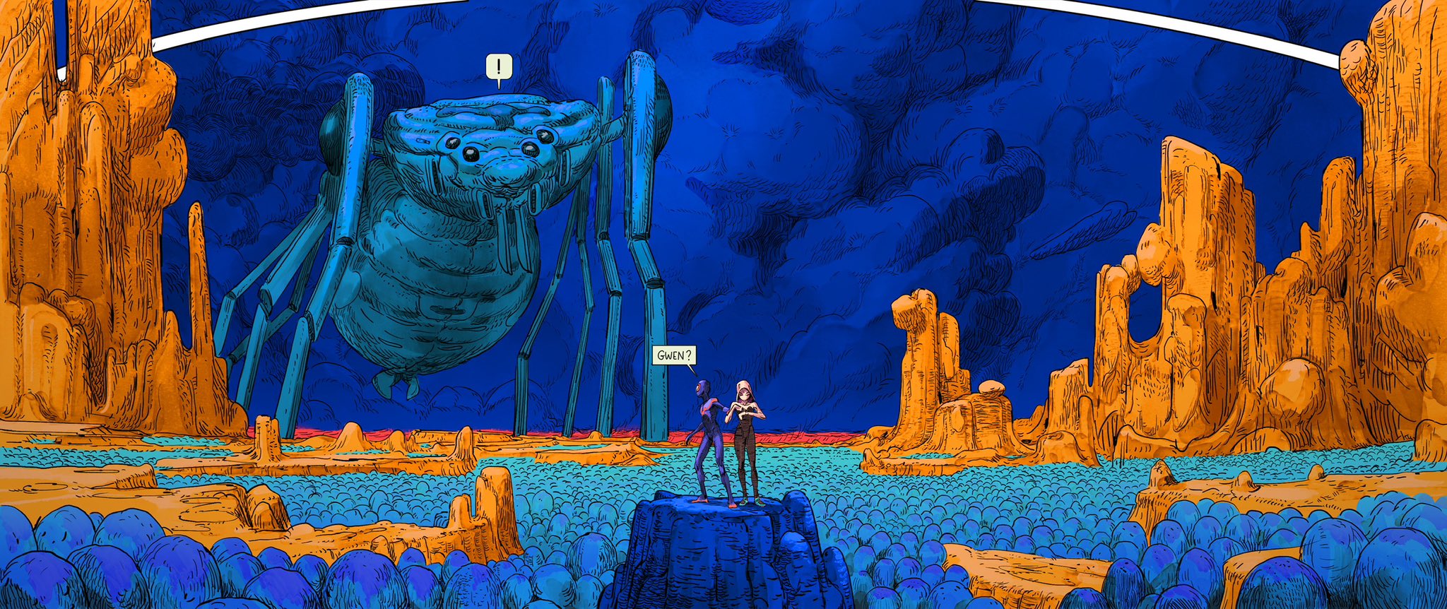 ! 1boy 1girl aymeric_kevin bodysuit color_contrast english_text full_body highres hood hooded_bodysuit long_sleeves marvel moebius_(style) monster on_rock original outdoors oversized_insect saturated scenery sky spider-gwen spider-man spider-man:_across_the_spider-verse spider-man_(series) spider-verse standing superhero_costume two-tone_bodysuit wide_shot