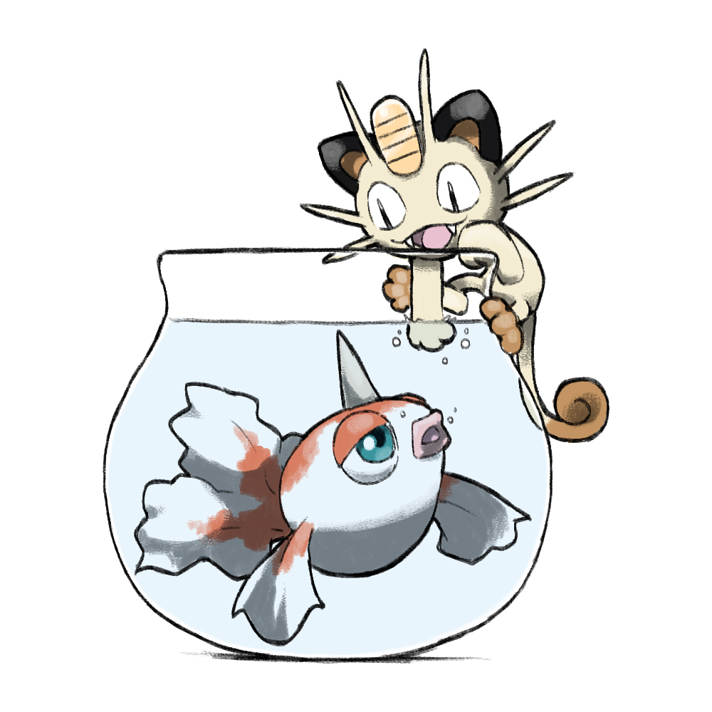 animal_focus blacknirrow blue_eyes cat coin creatures_(company) fangs fish fishbowl game_freak gen_1_pokemon gold goldeen half-closed_eyes horns koban_(gold) meowth nintendo no_humans open_mouth pokemon pokemon_(creature) pokemon_focus simple_background single_horn water white_background