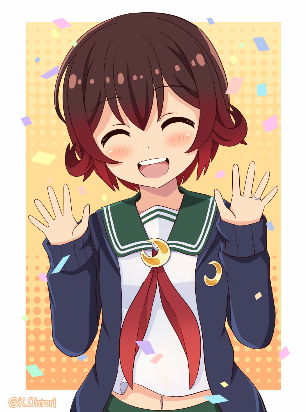 1girl blue_jacket brown_eyes brown_hair crescent crescent_pin gradient_hair green_sailor_collar green_skirt highres jacket jewelry kantai_collection long_sleeves multicolored_hair mutsuki_(kancolle) mutsuki_kai_ni_(kancolle) neckerchief ootori_(kyoya-ohtori) open_mouth pantyhose pleated_skirt red_hair red_neckerchief ring sailor_collar school_uniform serafuku short_hair skirt solo twitter_username upper_body wedding_ring white_background yellow_background