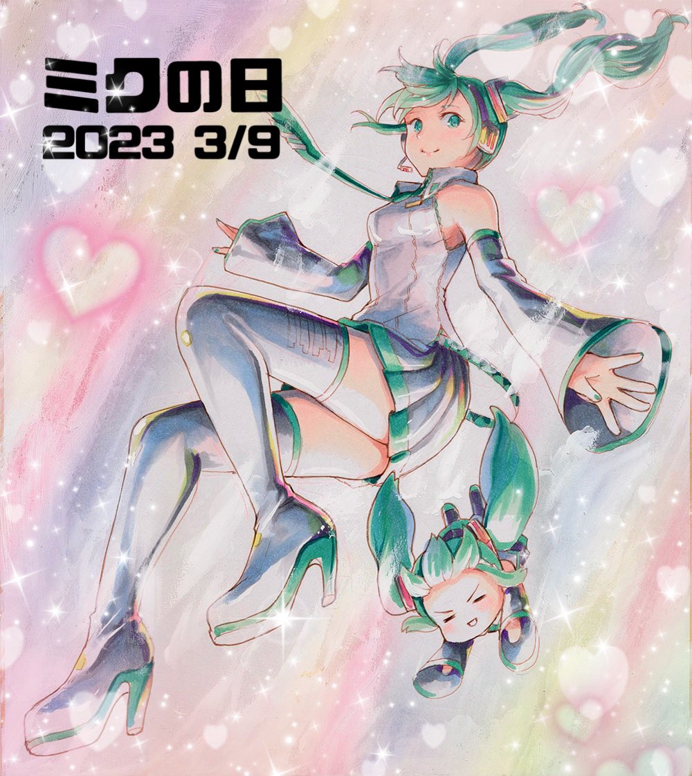 2girls 39 aqua_eyes aqua_hair aqua_necktie black_skirt black_sleeves boots chibi chibi_miku_(mayo_riyo) detached_sleeves dive falling hair_ornament hatsune_miku headset heart high_heel_boots high_heels iridescent long_hair looking_at_viewer mayo_riyo miku_day multiple_girls necktie open_mouth outstretched_hand pleated_skirt shirt skirt sleeveless sleeveless_shirt smile sparkle sparkle_background thigh_boots twintails vocaloid