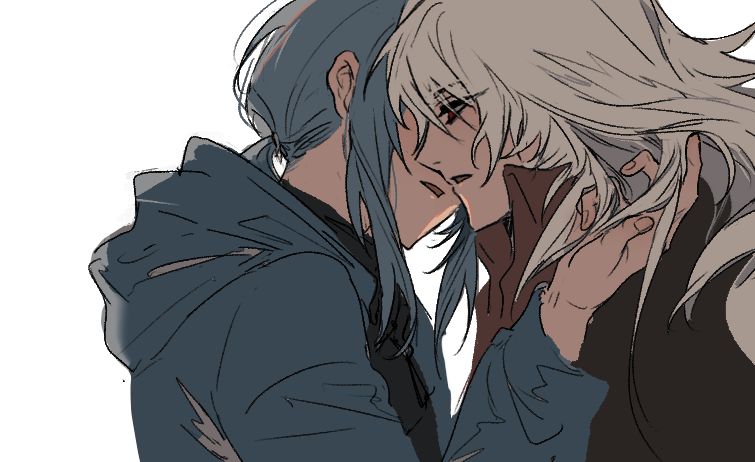 1boy 1girl bari_(project_moon) black_coat black_shirt blue_coat blue_hair coat collared_shirt g7cdpdto2i6hot6 hetero la_manchaland&#039;s_don_quixote_(project_moon) limbus_company long_hair long_sleeves low_ponytail open_mouth ponytail project_moon red_eyes red_shirt shirt simple_background whispering white_background white_hair