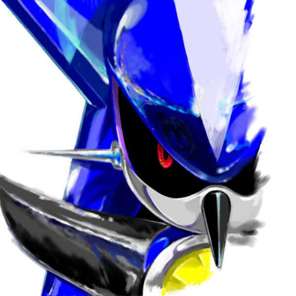 1boy black_sclera colored_sclera glaring hedgehog_boy humanoid_robot looking_at_viewer male_focus manaita metal_sonic neo_metal_sonic pointy_nose profile red_eyes robot sonic_(series) sonic_heroes white_background
