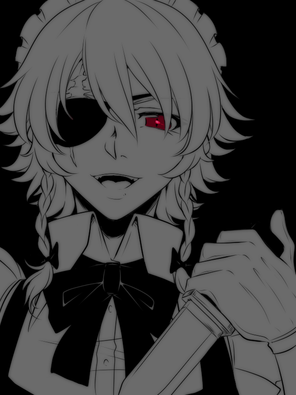 1girl bow bowtie braid collared_shirt commentary_request eyepatch greyscale hair_between_eyes hair_bow holding holding_knife izayoi_sakuya knife long_bangs looking_at_viewer maid_headdress medium_hair monochrome neko_majin open_mouth portrait red_eyes scar scar_across_eye scar_on_face shirt simple_background smile solo spot_color touhou twin_braids