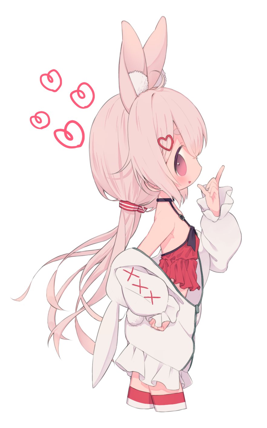 1girl animal_ear_fluff animal_ears blush camisole extra_ears heart highres index_finger_raised indie_virtual_youtuber jacket long_hair looking_at_viewer low_twintails open_mouth rabbit_ears red_camisole short_eyebrows solo striped_clothes striped_thighhighs thick_eyebrows thighhighs tomari_mari twintails virtual_youtuber white_background white_jacket zudzuki