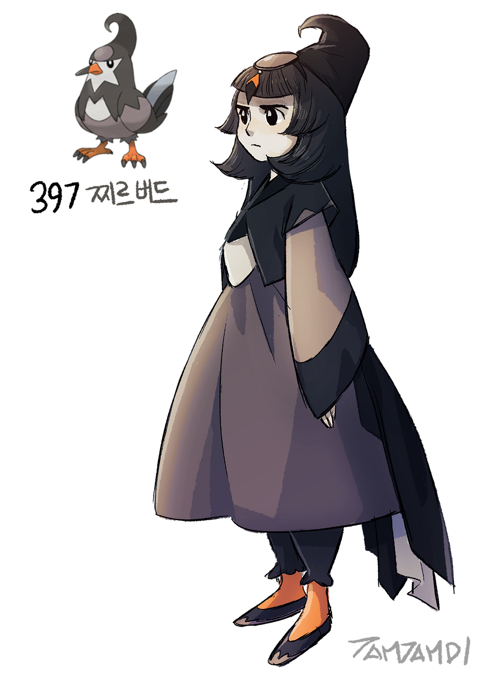 1girl artist_name black_eyes black_hair closed_mouth dress game_freak gen_4_pokemon hat highres long_hair long_sleeves nintendo pokemon pokemon_(creature) shoes solo standing staravia tamtamdi white_background